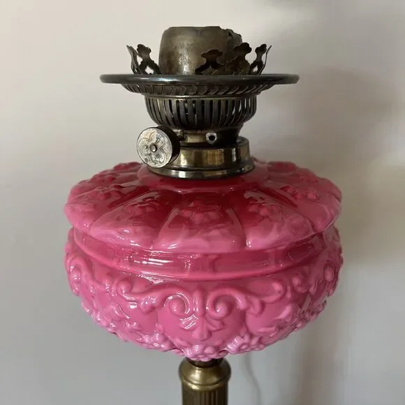 Antique Victorian Pink Cranberry Milk Glass Oil Lantern Electric Parlor Lamp - Picture 5 of 14
